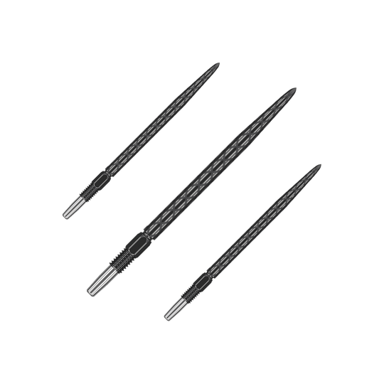 Das Bild zeigt drei schwarze Dartspitzen mit einem diamantförmigen Muster. Sie sind in unterschiedlichen Winkeln angeordnet und haben einen metallischen Befestigungsbereich.
