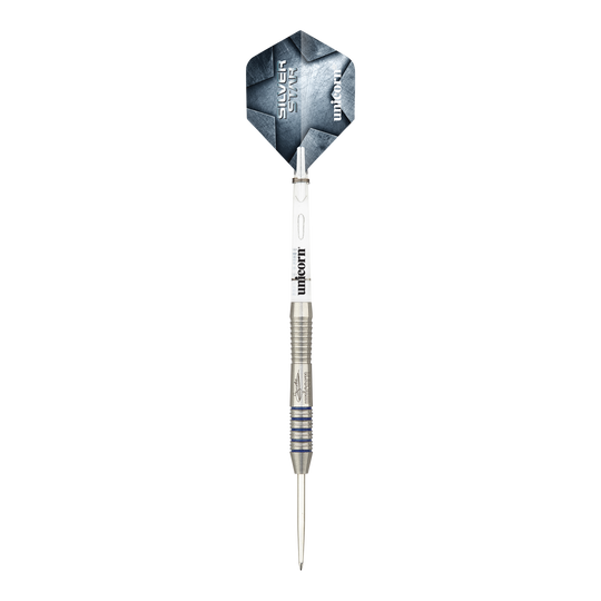 Unicorn Silver Star Var.3 Gary Anderson Steeldarts Das Bild zeigt die Unicorn Silver Star Var.3 Gary Anderson Steeldarts. Die silberfarbenen Darts sind auf einer weißen Fläche angeordnet.