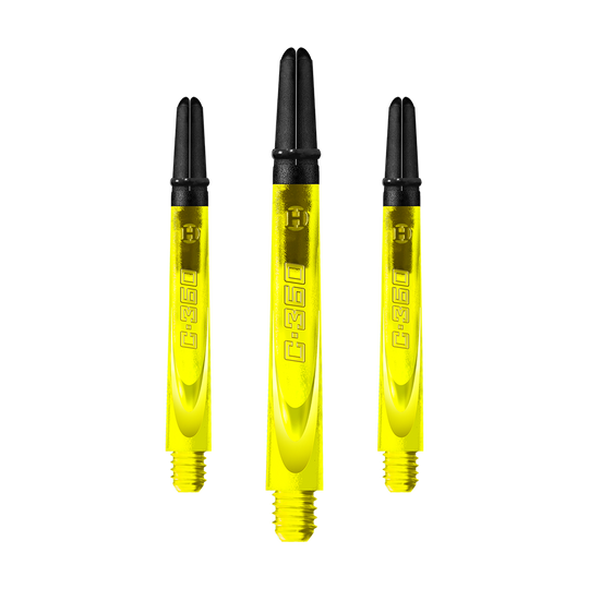 HR451_Harrows_Carbon_360_Shafts_Gelb_49mm_1uxl6ZVXDEAcz2 Auf dem Bild sind drei gelbe Dartschäfte mit schwarzem oberen Ende zu sehen. Auf jedem Schaft steht die Aufschrift "C.360".