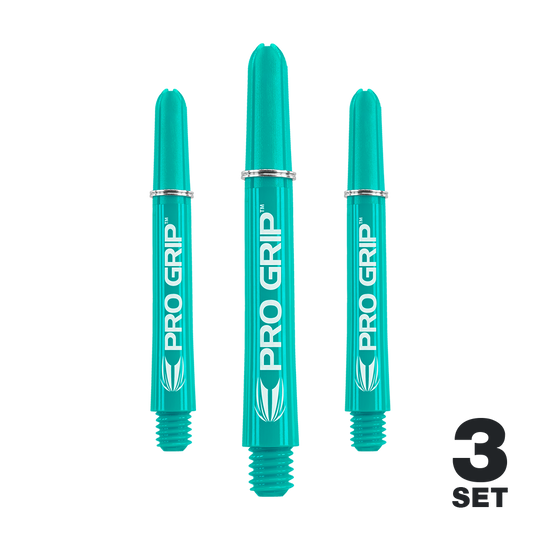 Uchwyty Target Pro Grip - 3 zestawy - Aqua Das Bild zeigt drei türkisfarbene PRO GRIP Shafts für Dartpfeile. Unten rechts steht "3 SET" in schwarzer Schrift.