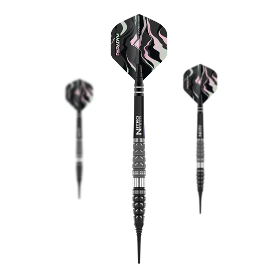 Das Bild zeigt drei Softdarts des Modells "Red Dragon Paradym Torpedo - 20g". Die Darts haben schwarze, silberne und gemusterte Flights mit einem modernen Design.
