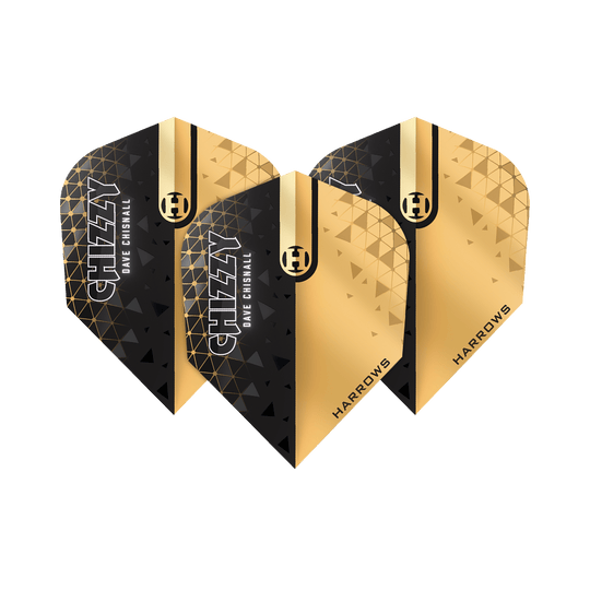 Harrows Prime Dave Chisnall Chizzy 2 Lety č. 6 Das Bild zeigt die Harrows Prime Dave Chisnall Chizzy 2 No6 Flights. Die Flights sind in Schwarz und Gold gestaltet und tragen die Aufschrift "CHIZZY DAVE CHISNALL" sowie "HARROWS".