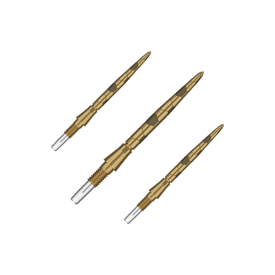 Auf dem Bild sind drei goldfarbene Dartspitzen mit einem strukturierten Muster zu sehen. Sie haben ein silbernes Schraubgewinde am Ende zum Befestigen an Dartpfeilen.