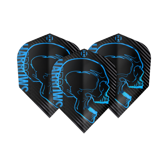 Letky Harrows Rage Aqua č. 6 Das Bild zeigt drei schwarze Dart-Flights mit einem blauen Totenkopf-Design und dem Schriftzug "Harrows". Die Flights gehören zum Produkt "Harrows Rage Aqua No6".