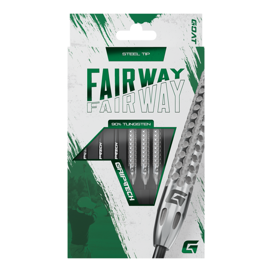 Šipky GOAT Fairway V2 z wolframové oceli Die Abbildung zeigt die Verpackung der GOAT Fairway V2 Tungsten Steeldarts. Die Darts bestehen zu 90 % aus Tungsten und haben eine Stahspitze.