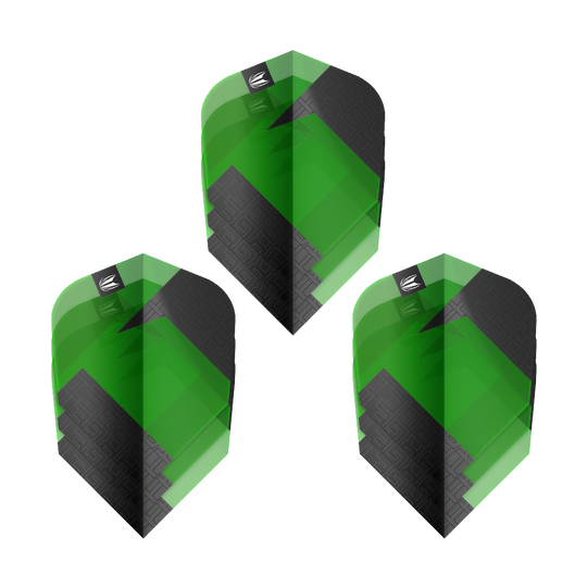 Vuelos estándar Target Pro Ultra TAG Green Ten-X - 3 juegos Das Bild zeigt drei grüne und schwarze Dart-Flights des Produkts "Target Pro Ultra TAG Grün Ten-X Standard". Die Flights haben ein auffälliges geometrisches Muster und das Target-Logo oben.