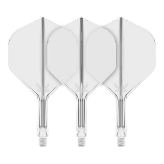 Target K-Flex No2 Standard Flight System - Trasparente Auf dem Bild sind drei transparente Dart-Flights mit Standardform zu sehen. Sie sind nebeneinander angeordnet und haben klare, glatte Kanten.