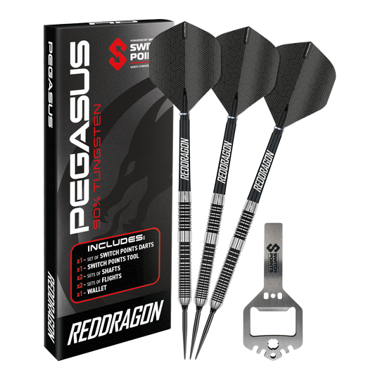 Abgebildet sind Red Dragon Pegasus Switch Point Steeldarts. Diese Darts sind robust und für verschiedene Spielniveaus geeignet.