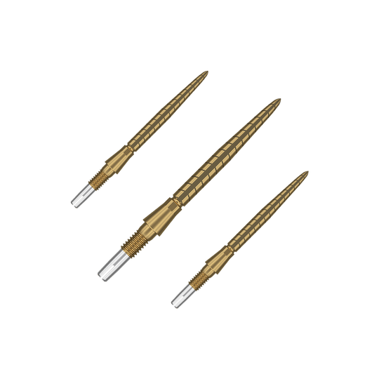 Target Swiss Storm Quartz Dartspitzen - Gold Auf dem Bild sind drei goldfarbene Dartspitzen zu sehen. Sie sind schlank, haben ein geriffeltes Design und haben vorne eine silberne Spitze.