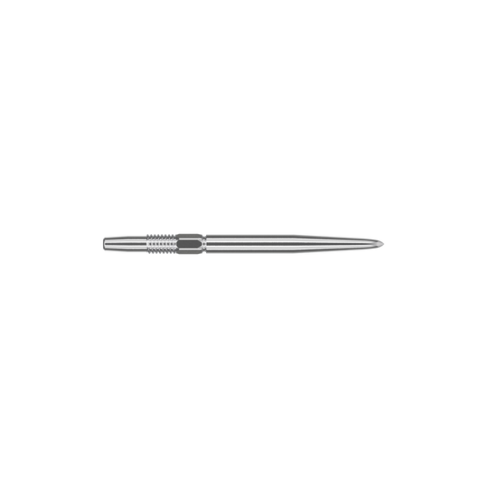 Końcówki do lotek Target Swiss Point Silver Auf dem Bild ist eine silberne Dartspitze zu sehen. Sie ist schmal, metallisch und hat eine Länge von 26 mm.