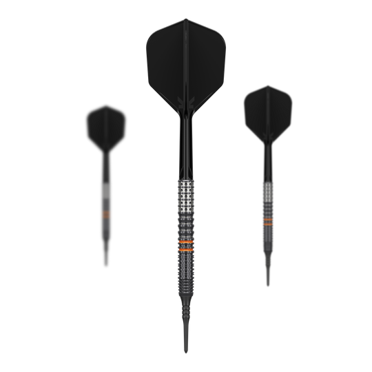 Fléchettes souples Target Japan Black Marque Morpheus GEN2 - 19 g Das Bild zeigt drei schwarze Softdarts des Modells "Target Japan Black Marque Morpheus GEN2 - 19g". Die Darts haben ein modernes Design mit silbernen und orangen Akzenten am Griffstück.