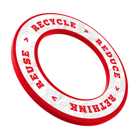 McDart Recycle Reduce Rethink Reuse Dartboard Surround Dieses Bild zeigt das Produkt mit dem Dateinamen DBS-RRRR2_Surround_Recyle_Reuse_Reduce_Rethink_Rot_3. Es handelt sich vermutlich um ein Objekt in roter Farbe mit Umweltschutz-Symbolik.