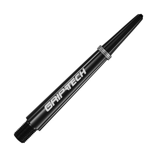 Auf dem Bild ist ein schwarzer Dart-Schaft mit der Aufschrift "GRIPTECH" zu sehen. Der Schaft ist schlank und hat silberne Ringe in der Nähe des oberen Endes.