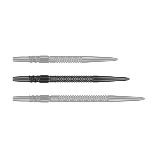 Target Swiss Point GRD Black Dartspitzen Das Bild zeigt drei schwarze Dartspitzen des Produkts "Target Swiss Point GRD Black Dartspitzen". Sie sind nebeneinander angeordnet und haben eine strukturierte Oberfläche.