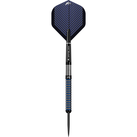 Mission Nightfall Model 1 Steeldarts Das Bild zeigt einen Mission Nightfall Model 1 Steeldart. Der Dart hat ein modernes Design mit schwarzen und blauen Akzenten.