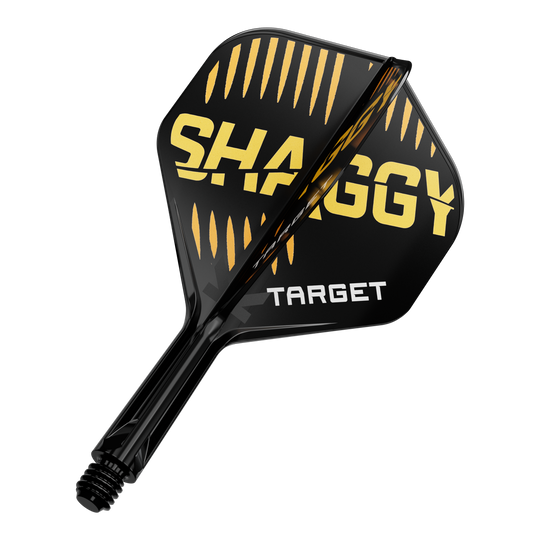 Systém standardních letových hřídelí Target K-Flex Scott Williams No2 Das Bild zeigt eine schwarze Dartflügel mit gelben und weißen Aufschriften. Auf dem Flügel stehen die Worte "SHAGGY" und "TARGET".