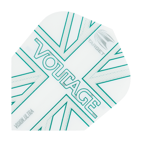 TG271_332850_Target_VisionUltra_Rob_Cross_Voltage_No6_Flights_1 Diese Abbildung zeigt ein Dart Flight des Modells "Target VisionUltra Rob Cross Voltage No6". Das Flight ist weiß mit grünen Linien und den Wörtern "VOLTAGE" sowie "TARGET" und "VISION ULTRA" darauf.