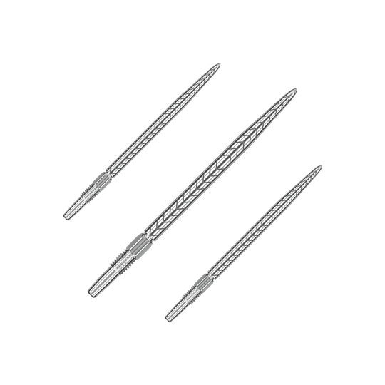 Target Swiss Point RVE Dartspitzen - Silber Auf dem Bild sind drei silberne Dartspitzen mit einem eingravierten Muster zu sehen. Sie sind länglich geformt und haben ein fein gearbeitetes Design.