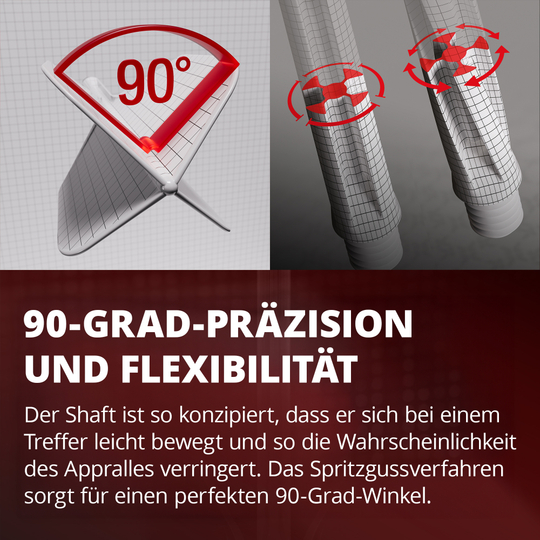 Sistema di alberi di volo standard Target K-Flex Nathan Aspinall No2 Das Bild zeigt eine Grafik mit einem 90-Grad-Winkel und einer flexiblen Bewegung von zwei Schäften. Darunter steht ein Text, der die Präzision und Flexibilität des Designs beschreibt.