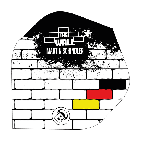 Standardní lety Bulls B-Star Martin Schindler White No2 Das Bild zeigt ein Dart Flight mit einem weißen Ziegelmuster und schwarzen, roten und gelben Farbfeldern. Oben steht der Schriftzug "THE WALL MARTIN SCHINDLER".