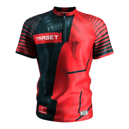 Maillot de fléchettes Target Coolplay Stephen Bunting 2025 Das Bild zeigt das Target Coolplay Stephen Bunting 2025 Dartshirt. Das Shirt ist rot-schwarz gestaltet mit auffälligen Streifen und dem weißen "TARGET" Logo auf der Brust.