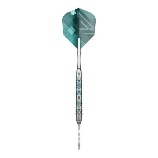 Dardos de acero Target Rove 03 Swiss Point Das Bild zeigt einen Target Rove 03 Swiss Point Steeldart. Der Dart hat ein silbernes Metallgehäuse mit blauen Akzenten und eine grüne Flight.