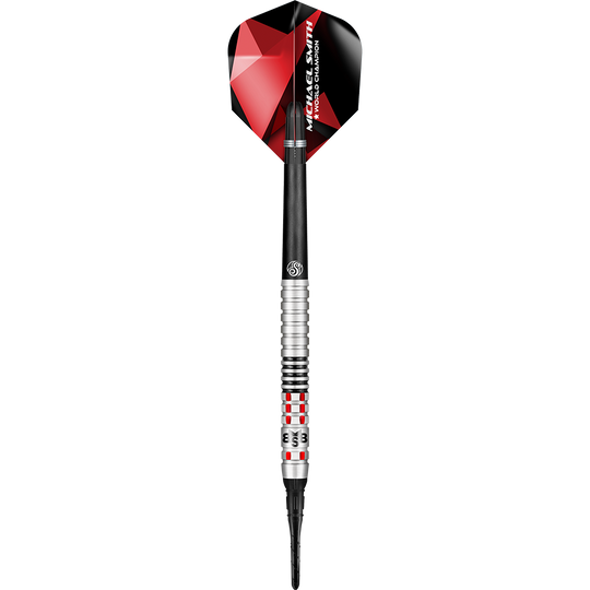 Shot de Michael Smith Achieve Soft Darts Auf dem Bild ist ein Softdartpfeil mit silbernen und schwarzen Elementen zu sehen. Das Flights ist rot-schwarz und trägt die Aufschrift "Michael Smith World Champion".