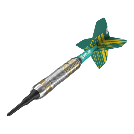 Šipky Target Rob Cross Brass Soft - 18g Das Bild zeigt einen Target Rob Cross Brass Softdart mit einem Gewicht von 18 Gramm. Der Dart hat einen silbernen und goldenen Ringgriff sowie grüne Flights mit gelben Streifen.