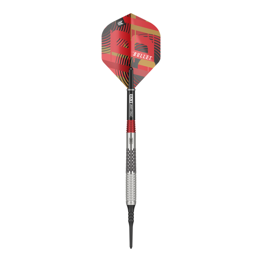 Měkké šipky Target Stephen Bunting GEN5 - 18g Auf dem Bild ist ein Softdart der Marke Target Stephen Bunting GEN5 mit einem Gewicht von 18 Gramm zu sehen. Der Dart hat ein auffälliges, rot-schwarzes Design mit der Aufschrift "BULLET" auf dem Flight.