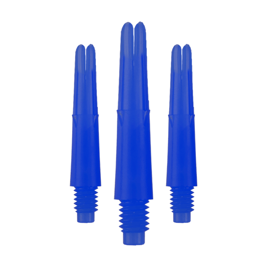 L-Style L-Shafts Locked Straight - Blue 130 Auf dem Bild sind drei blaue, gerade Dartschäfte zu sehen. Sie haben ein Gewinde am unteren Ende und sind ohne Kappen abgebildet.