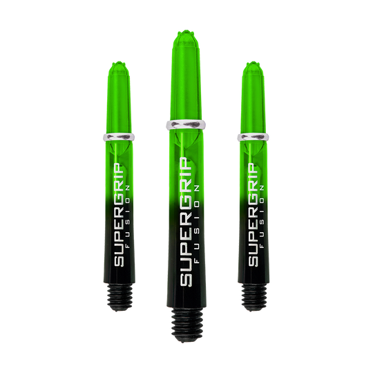 HR339_Harrows_Supergrip_Fusion_Shafts_Gr-n_33mm_1TK8mzDdettKPI Das Bild zeigt drei grüne Harrows Supergrip Fusion Shafts für Dartpfeile. Die Shafts haben ein modernes Design mit schwarzem unteren Teil und grüner transparenter Spitze.