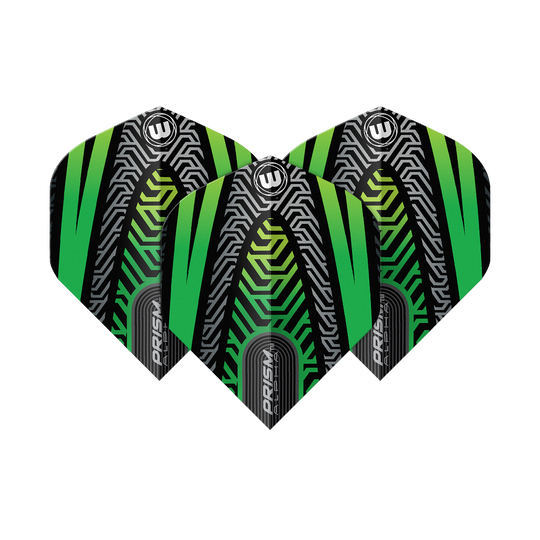 Standardní letky Winmau Prism Alpha Black Green č. 2 Das Bild zeigt drei Dartflights des Modells "Winmau Prism Alpha Schwarz Grün No2 Standard". Die Flights haben ein auffälliges, modernes Design in Schwarz, Grün und silbernen Linienmustern.