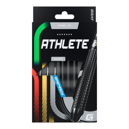 Freccette in acciaio GOAT Athlete in ottone nero - 13 g Die Abbildung zeigt die Verpackung der GOAT Athlete Black Brass Steeldarts mit einem Gewicht von 13g. Die Darts haben eine schwarze, geriffelte Oberfläche und sind für Präzision und Haltbarkeit ausgelegt.