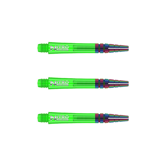 C604_Nitro_Ionic_Short_Green_Shafts RedDragon Nitrotech Ionic Shafts Green korkenzieherartig dargestellt. Die Schäfte liegen parallel.