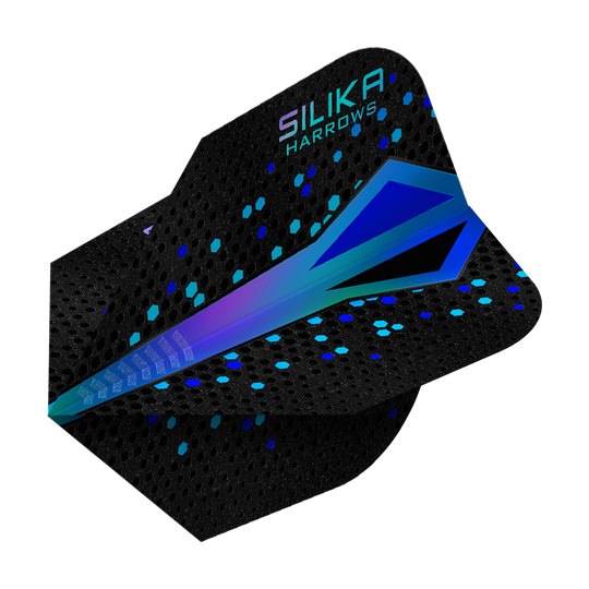 Plumas Harrows Silika Colourshift Tough Crystalline Coating Blue No6 Das Bild zeigt ein Dartflight mit dem Namen "Harrows Silika Colourshift Tough Crystalline Coating Blue No6". Das Flight ist überwiegend schwarz mit einem blauen, schimmernden Muster und sechseckigen Akzenten.