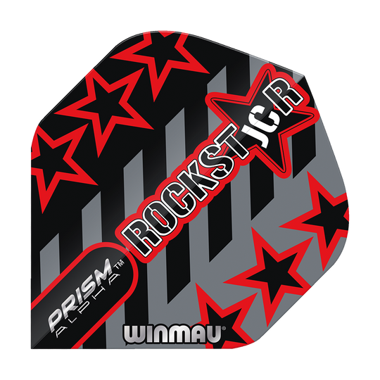 6915-713_Winmau_Prism_Alpha_Joe_Cullen_GreyBlack_Standard_Flights_1 Das Bild zeigt das Winmau Prism Alpha Joe Cullen GreyBlack Standard Flight. Das Design ist grau und schwarz mit roten Sternen und dem Schriftzug "ROCKSTAR".