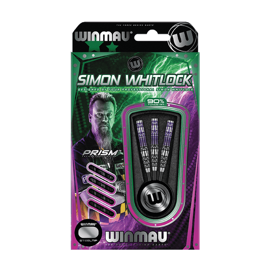 Ocelové šipky Winmau Simon Whitlock Special Edition 2020 Die Abbildung zeigt das Produkt „Winmau Simon Whitlock Special Edition 2020 Steeldarts“ in der Originalverpackung. Auf der Verpackung sind drei Steeldarts und ein Bild von Simon Whitlock zu sehen.