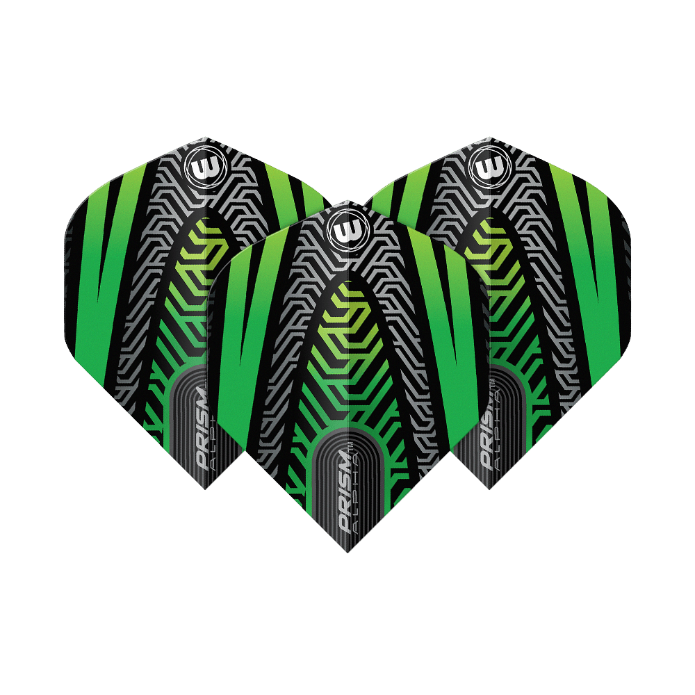 Standardní letky Winmau Prism Alpha Black Green č. 2 Das Bild zeigt drei Dartflights des Modells "Winmau Prism Alpha Schwarz Grün No2 Standard". Die Flights haben ein auffälliges, modernes Design in Schwarz, Grün und silbernen Linienmustern.