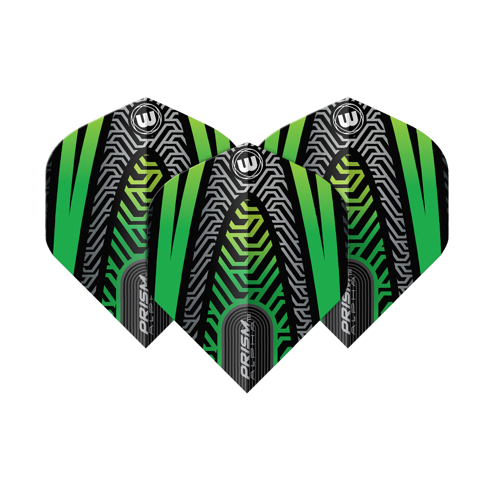 Standardní letky Winmau Prism Alpha Black Green č. 2 Winmau Prism Alpha Schwarz No2 Standard Flights sind als Set abgebildet. Das Muster ist auffällig und modern.