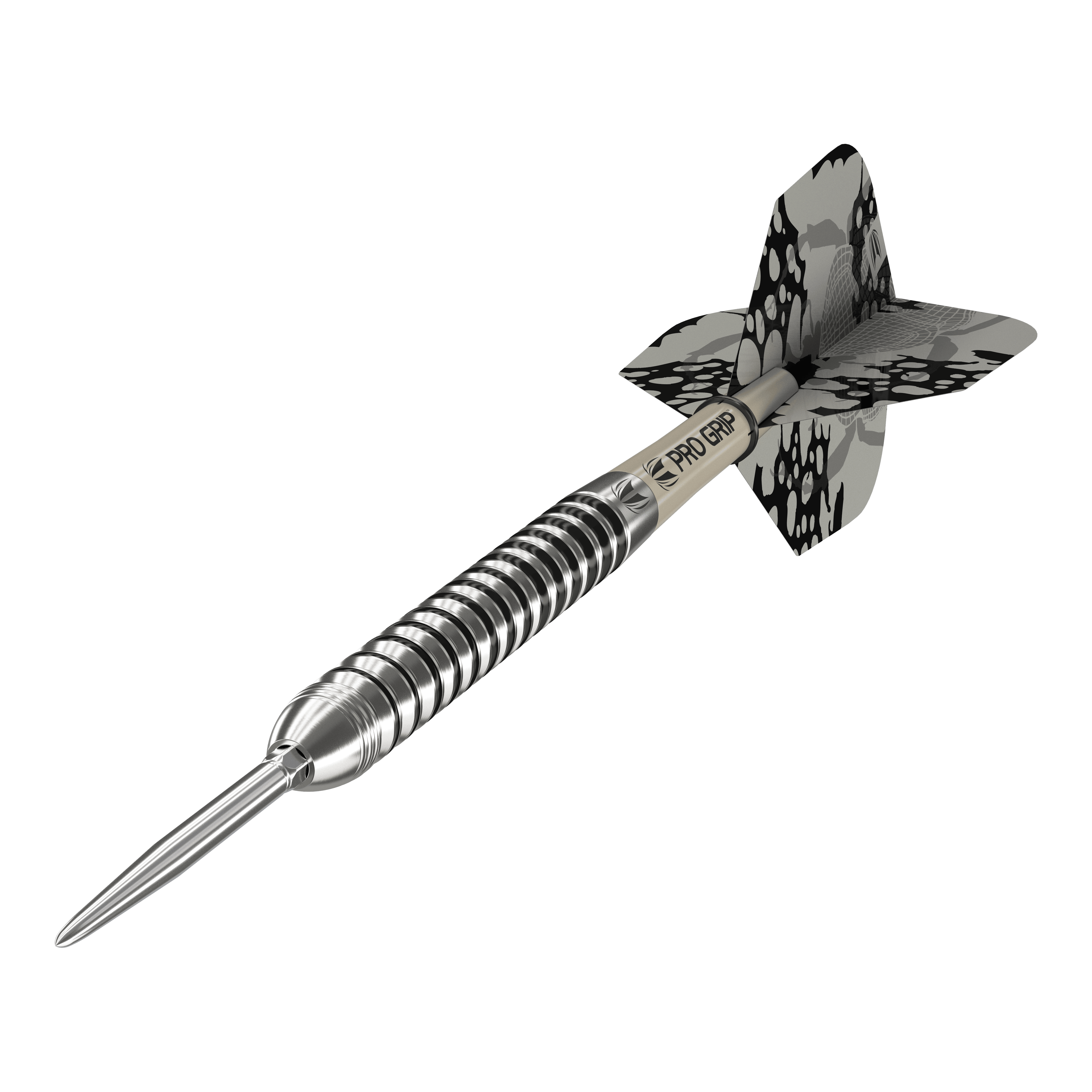 Dardos de acero Target EXO SP01 Swiss Point Dies ist ein Target EXO SP01 Swiss Point Steeldart. Der Dartpfeil hat ein silbernes, gerilltes Barrel und schwarze Flights mit Muster.