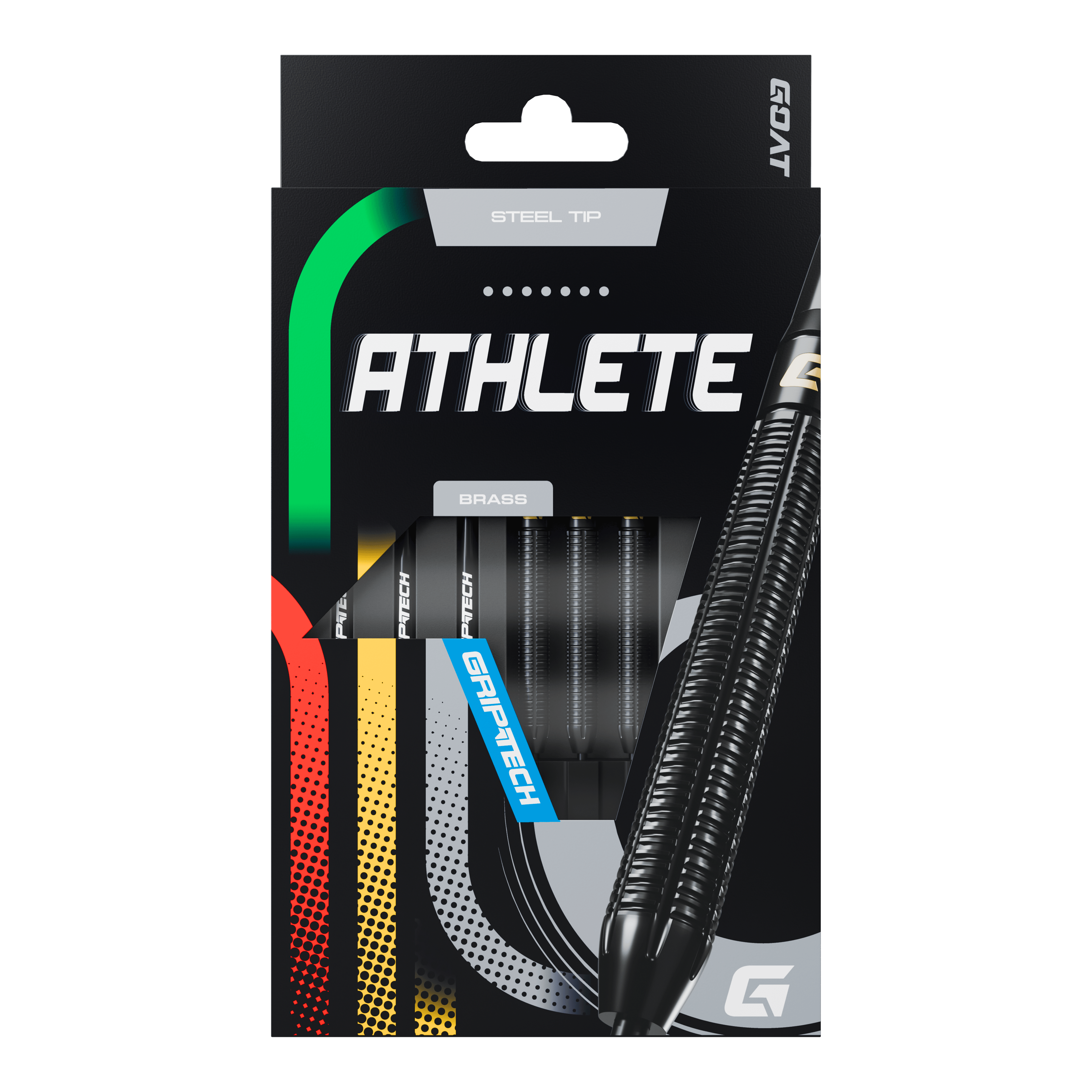 Freccette in acciaio GOAT Athlete in ottone nero - 13 g Die Abbildung zeigt die Verpackung der GOAT Athlete Black Brass Steeldarts mit einem Gewicht von 13g. Die Darts haben eine schwarze, geriffelte Oberfläche und sind für Präzision und Haltbarkeit ausgelegt.