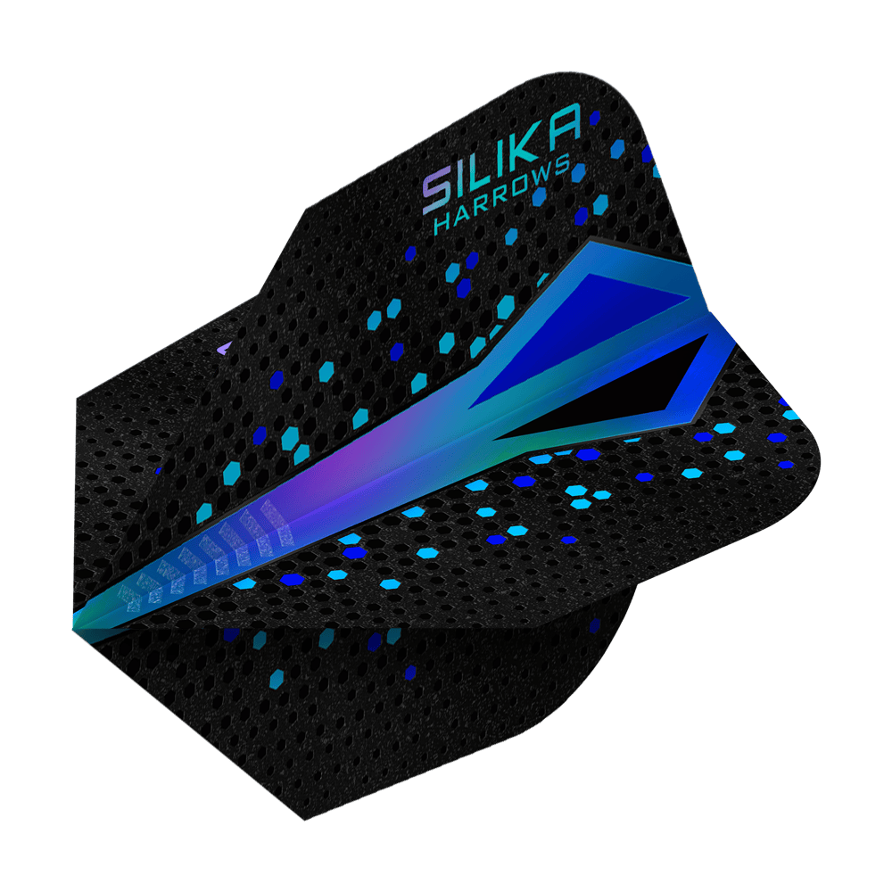 Plumas Harrows Silika Colourshift Tough Crystalline Coating Blue No6 Das Bild zeigt ein Dartflight mit dem Namen "Harrows Silika Colourshift Tough Crystalline Coating Blue No6". Das Flight ist überwiegend schwarz mit einem blauen, schimmernden Muster und sechseckigen Akzenten.