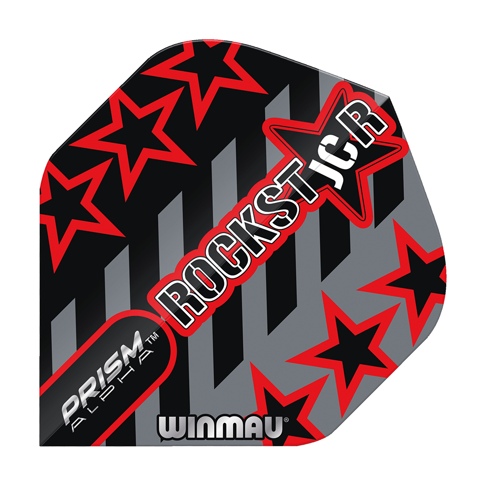 6915-713_Winmau_Prism_Alpha_Joe_Cullen_GreyBlack_Standard_Flights_1 Das Bild zeigt das Winmau Prism Alpha Joe Cullen GreyBlack Standard Flight. Das Design ist grau und schwarz mit roten Sternen und dem Schriftzug "ROCKSTAR".