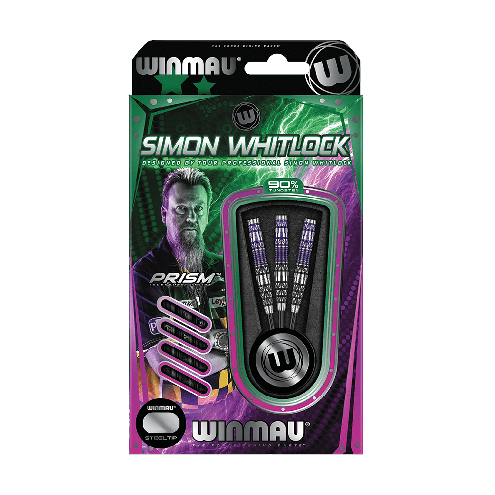 Ocelové šipky Winmau Simon Whitlock Special Edition 2020 Die Abbildung zeigt das Produkt „Winmau Simon Whitlock Special Edition 2020 Steeldarts“ in der Originalverpackung. Auf der Verpackung sind drei Steeldarts und ein Bild von Simon Whitlock zu sehen.