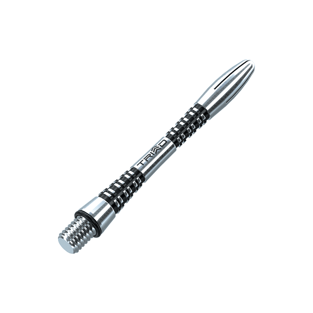 7013-401_Winmau_Triad_Aluminium_Shafts_Schwarz_41mm_2 Das Bild zeigt einen Winmau Triad Aluminium Schaft in Schwarz. Der Schaft hat ein modernes, geriffeltes Design und ist aus Metall gefertigt.