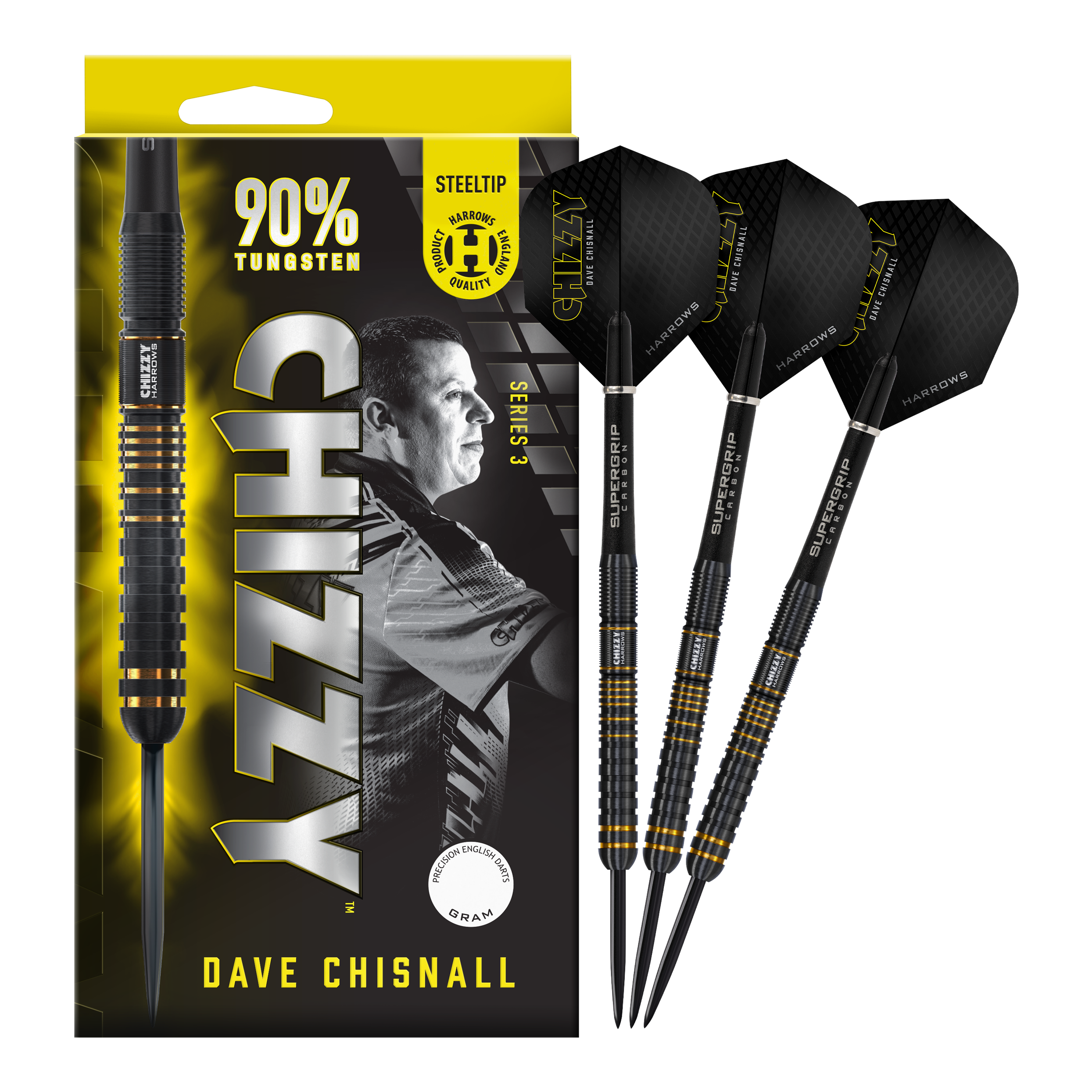 Stalowe lotki Harrow's Dave Chisnall Chizzy Series 3 Das Bild zeigt eine Verpackung der Harrows Dave Chisnall Chizzy Series 3 Steeldarts mit einem Porträt von Dave Chisnall. Rechts daneben sind drei schwarze und gelbe Steeldarts abgebildet.